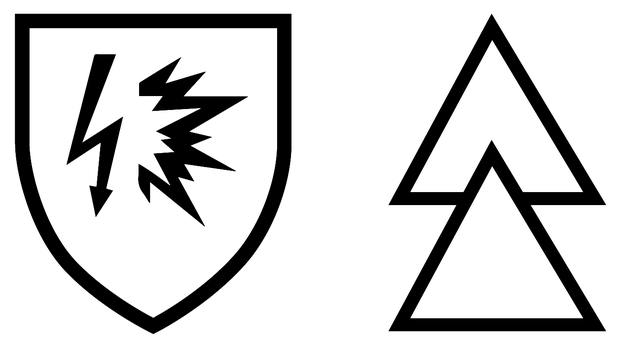 Die beiden Piktogramme für Störlichtbogenschutz: Schutzschild mit Blitzen und Doppeldreieck